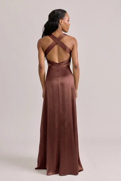 Elegant A-Line Deep V-Neck Sleeveless Ruched Backless Mahogany Floor-Length Bridesmaid Gown