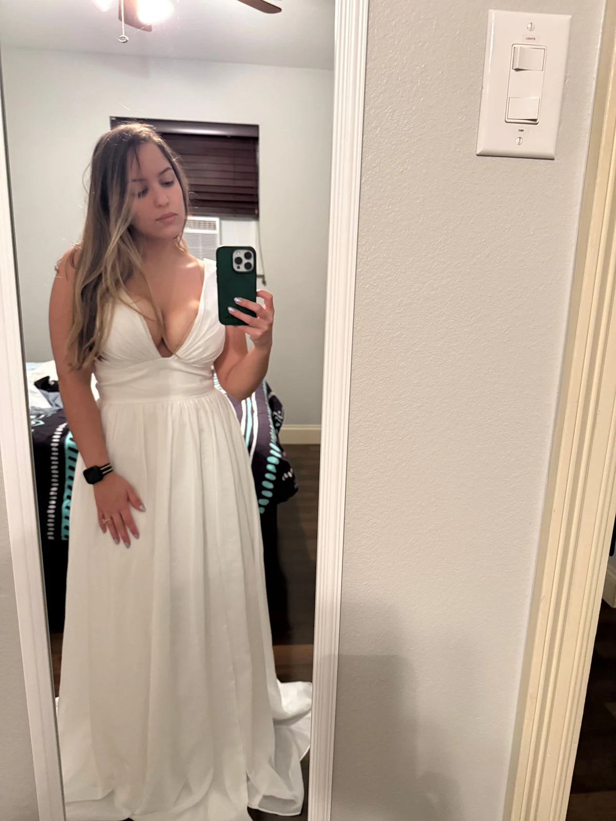 Elegant A-Line Deep V-Neck Sleeveless Slit White Floor-Length Wedding Gown