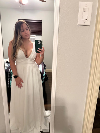 Elegant A-Line Deep V-Neck Sleeveless Slit White Floor-Length Wedding Gown