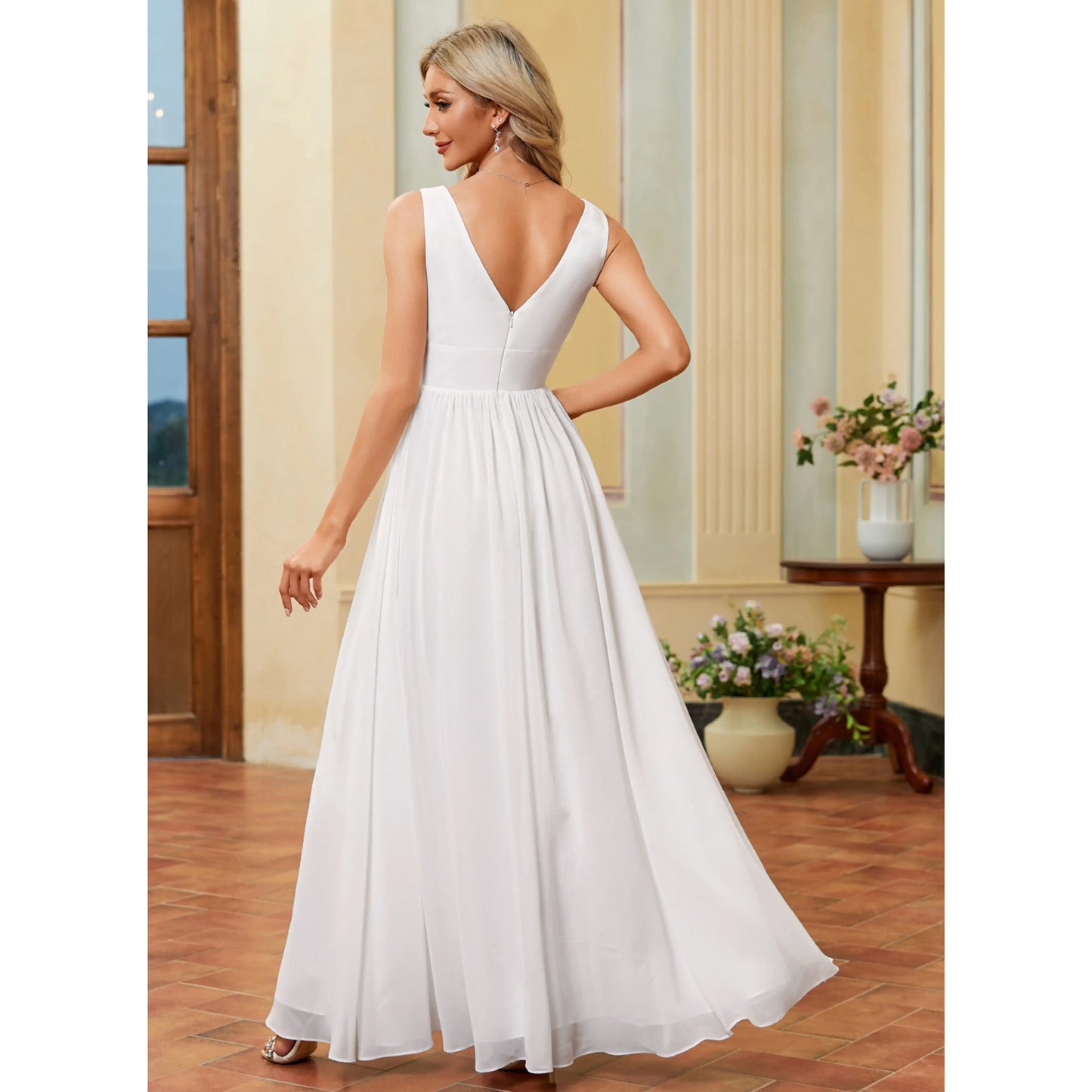 Elegant A-Line Deep V-Neck Sleeveless Slit White Floor-Length Wedding Gown