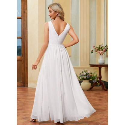 Elegant A-Line Deep V-Neck Sleeveless Slit White Floor-Length Wedding Gown