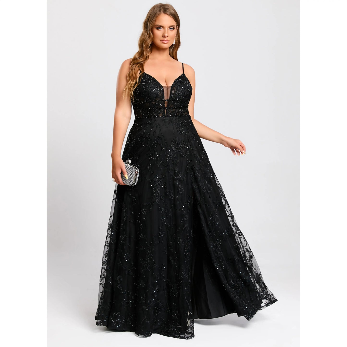 Elegant A-Line Deep V-Neck Sleeveless Sparkling Slit Black Floor-Length Prom Gown