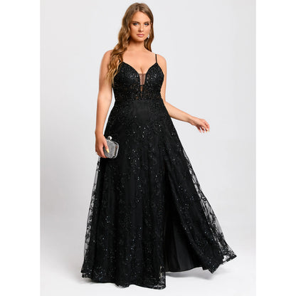 Elegant A-Line Deep V-Neck Sleeveless Sparkling Slit Black Floor-Length Prom Gown