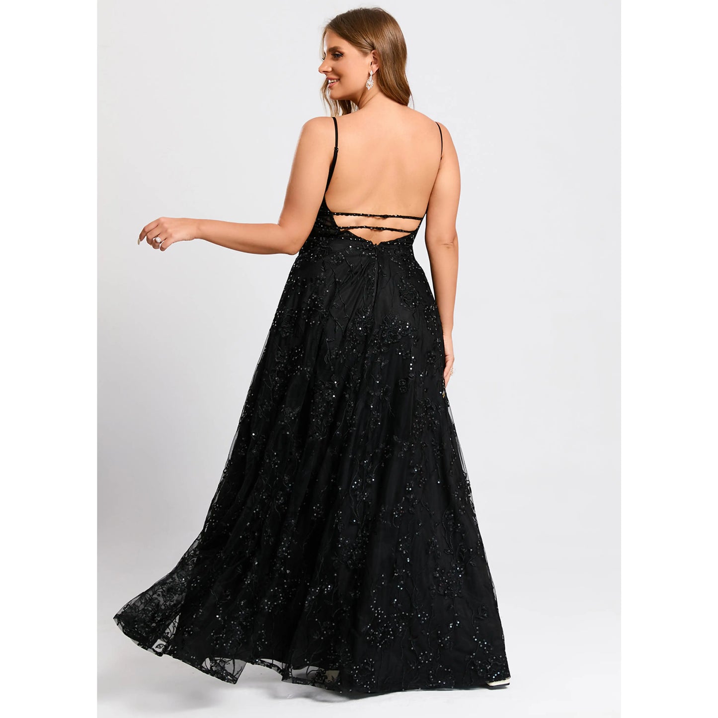 Elegant A-Line Deep V-Neck Sleeveless Sparkling Slit Black Floor-Length Prom Gown