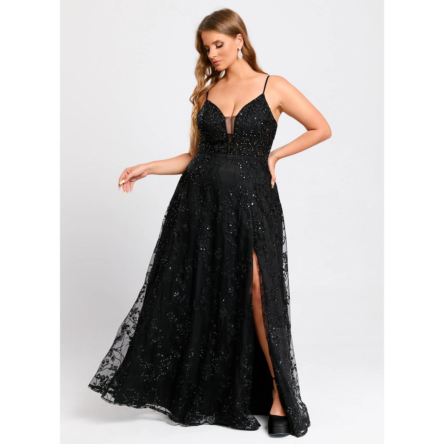 Elegant A-Line Deep V-Neck Sleeveless Sparkling Slit Black Floor-Length Prom Gown