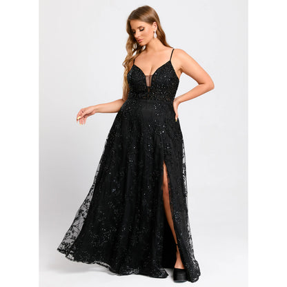 Elegant A-Line Deep V-Neck Sleeveless Sparkling Slit Black Floor-Length Prom Gown