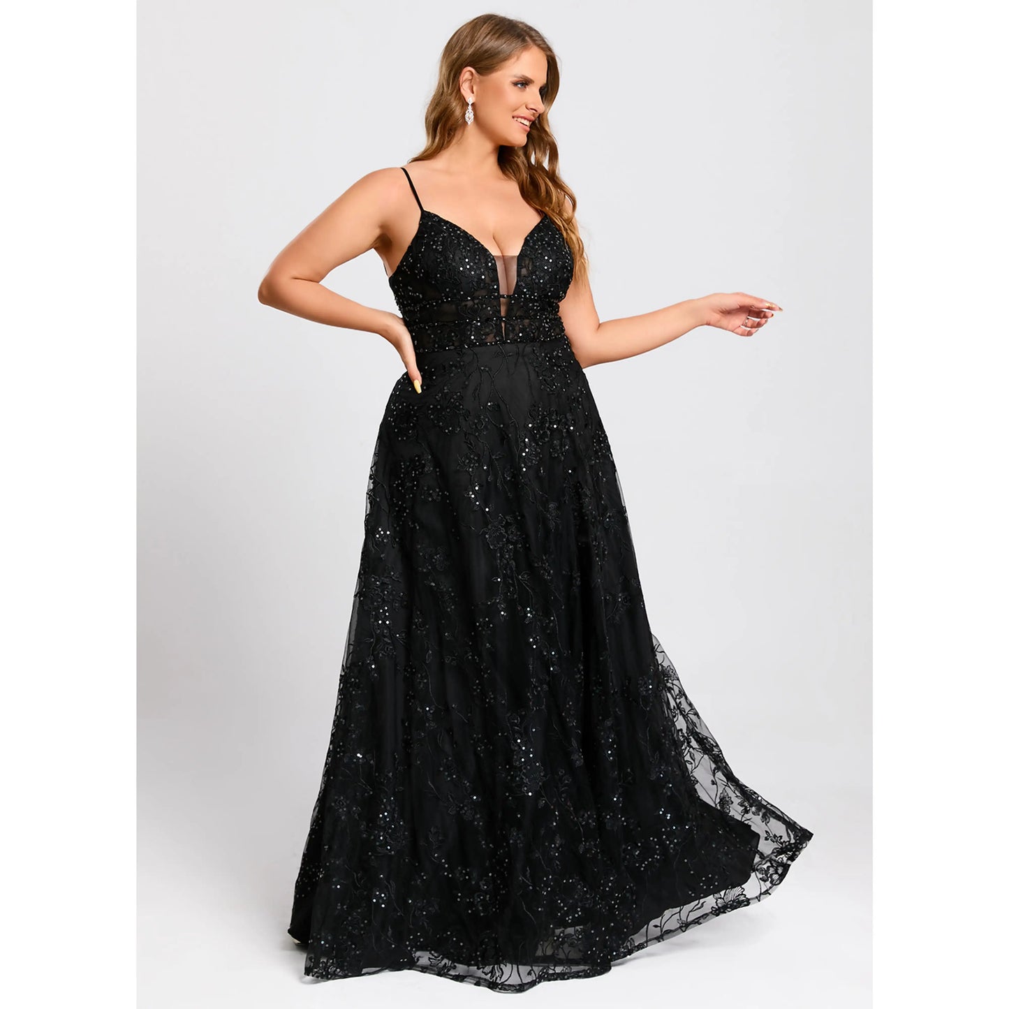 Elegant A-Line Deep V-Neck Sleeveless Sparkling Slit Black Floor-Length Prom Gown