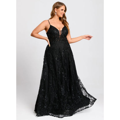Elegant A-Line Deep V-Neck Sleeveless Sparkling Slit Black Floor-Length Prom Gown