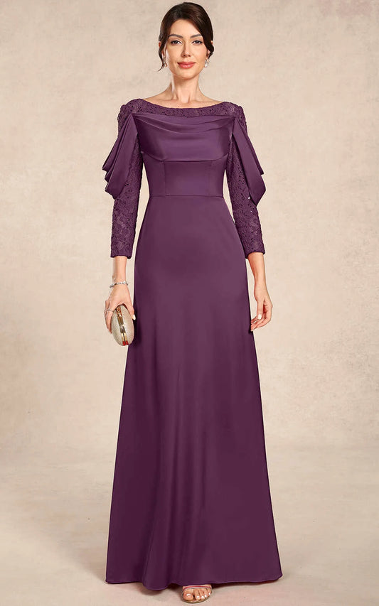 Elegant A-Line Draped Boat Neck Lace Sleeve Plum Mother of the Bride Gown