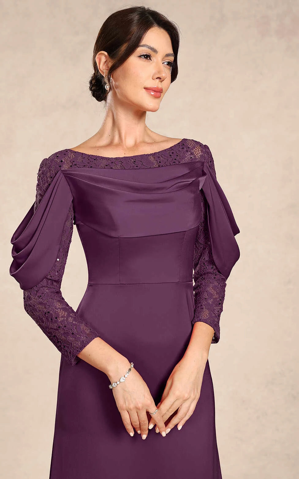 Elegant A-Line Draped Boat Neck Lace Sleeve Plum Mother of the Bride Gown