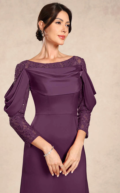 Elegant A-Line Draped Boat Neck Lace Sleeve Plum Mother of the Bride Gown