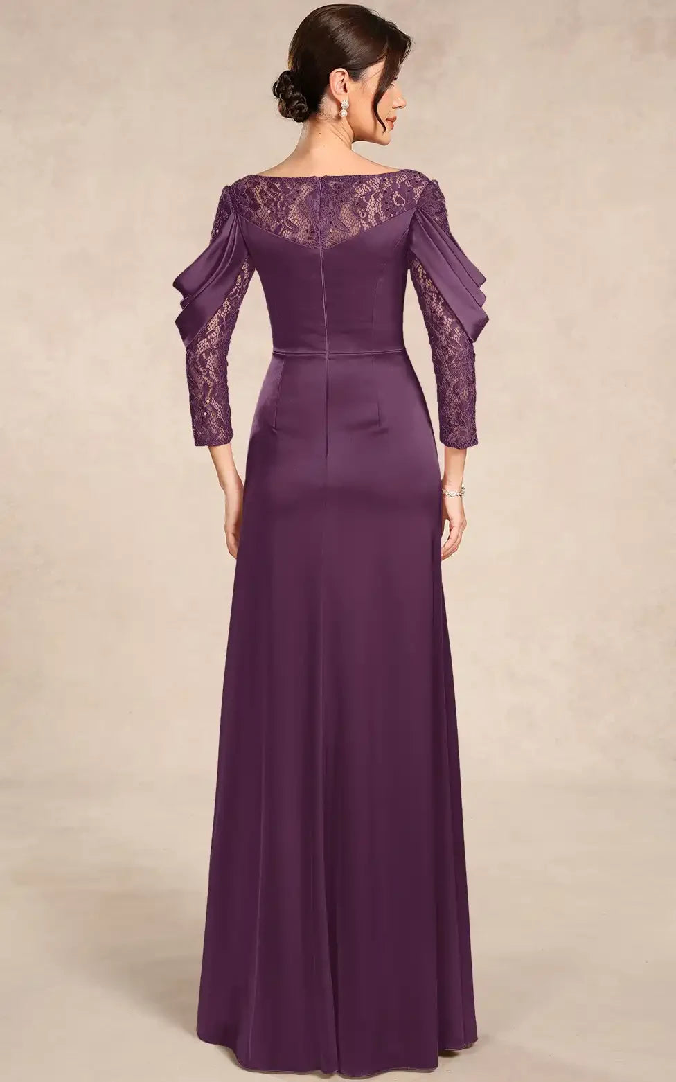 Elegant A-Line Draped Boat Neck Lace Sleeve Plum Mother of the Bride Gown