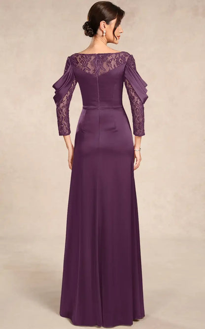 Elegant A-Line Draped Boat Neck Lace Sleeve Plum Mother of the Bride Gown