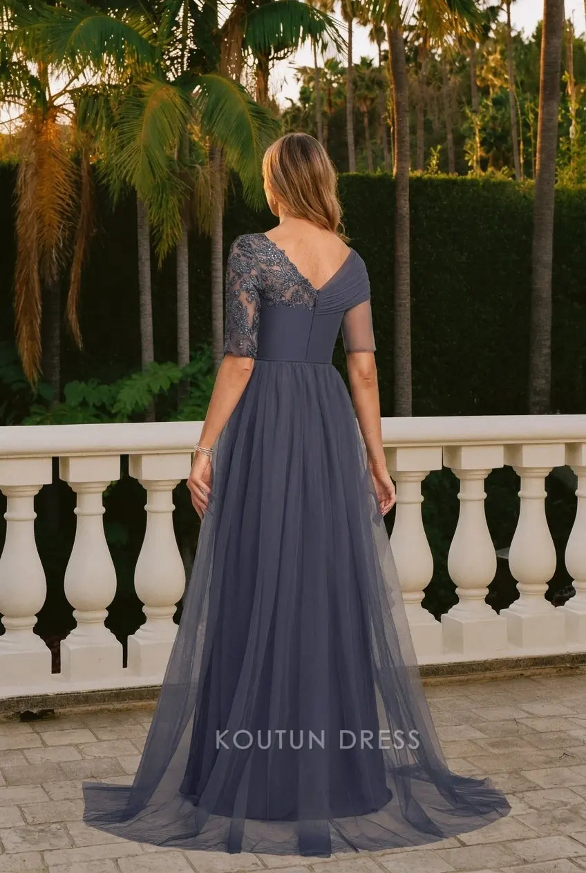 Elegant A-Line Draped Off-Shoulder Short Sleeves Embellished Dusty Blue Floor-Length Prom Dress