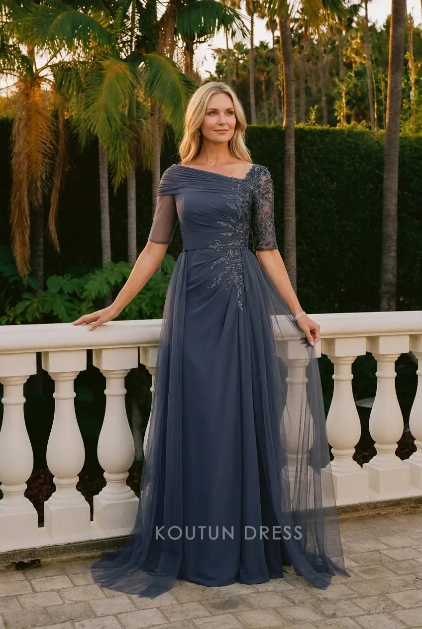 Elegant A-Line Draped Off-Shoulder Short Sleeves Embellished Dusty Blue Floor-Length Prom Dress