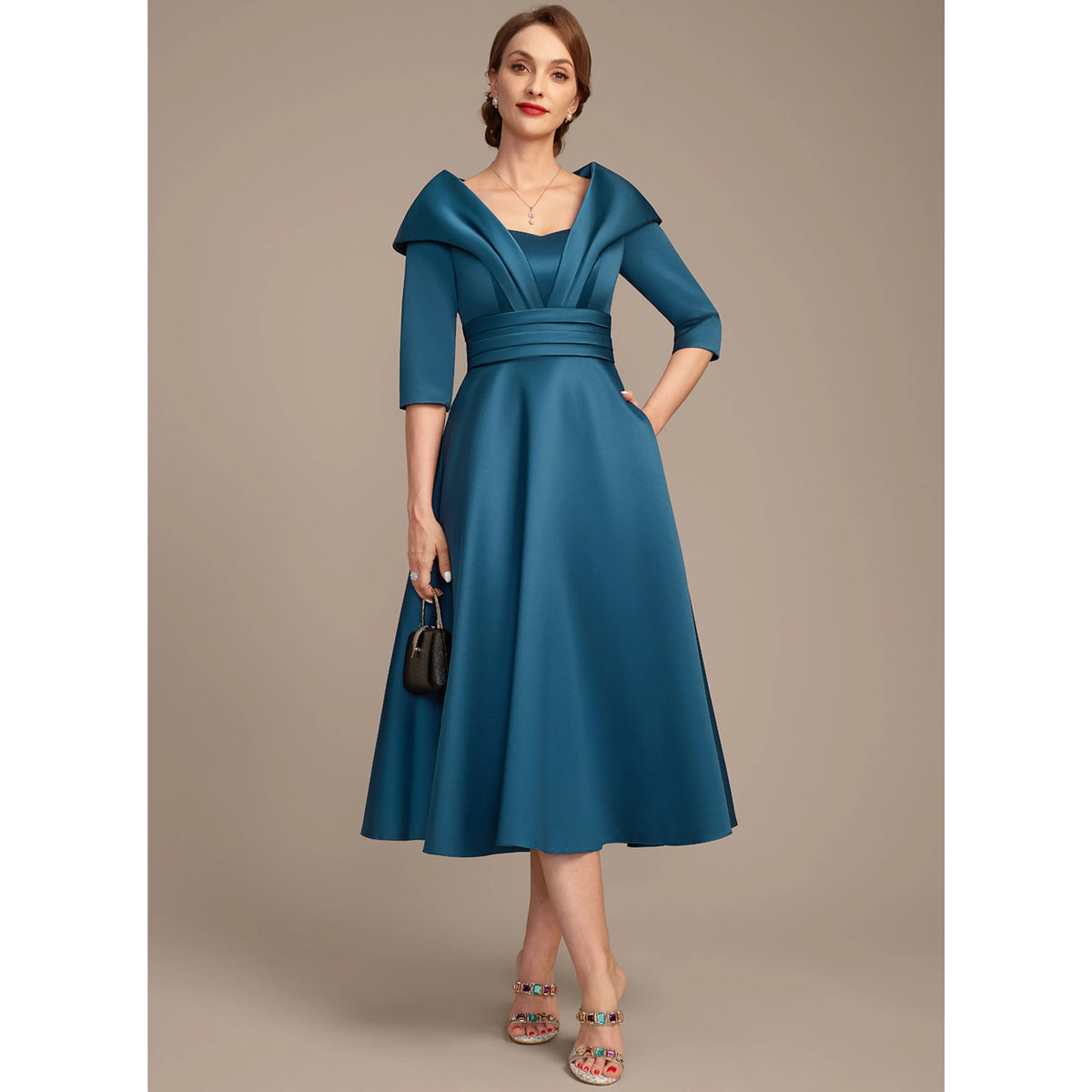 Elegant A-Line Folded V-Neck 3/4 Sleeve Chic Teal Midi Mother of the Bride Dress
