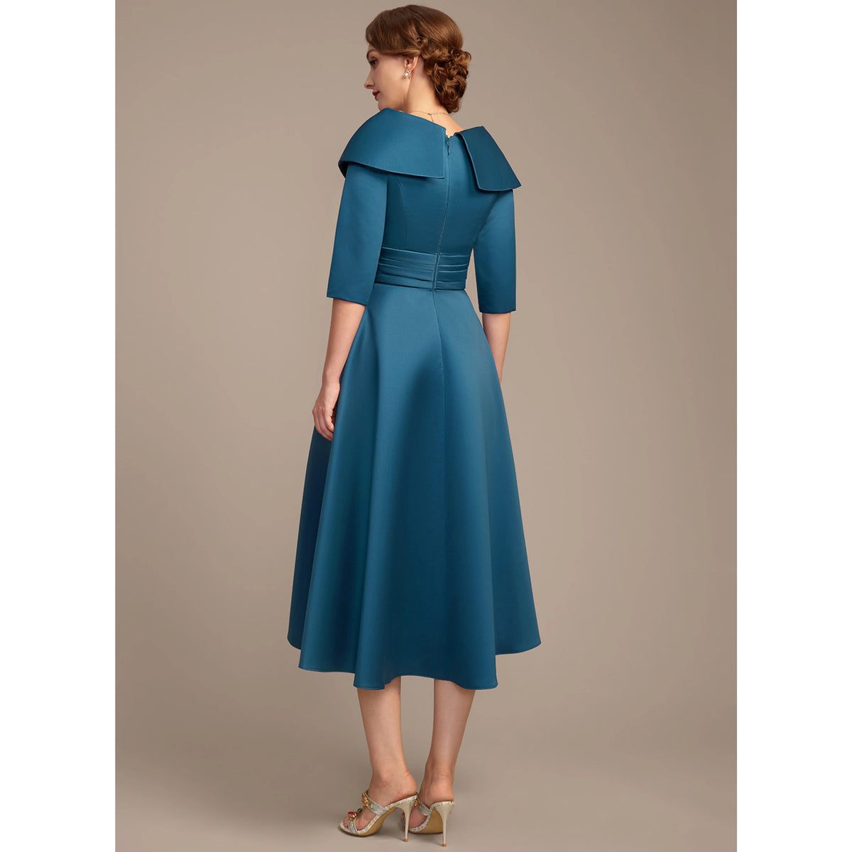 Elegant A-Line Folded V-Neck 3/4 Sleeve Chic Teal Midi Mother of the Bride Dress