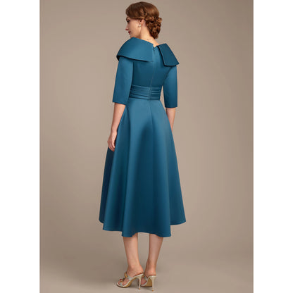 Elegant A-Line Folded V-Neck 3/4 Sleeve Chic Teal Midi Mother of the Bride Dress