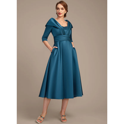 Elegant A-Line Folded V-Neck 3/4 Sleeve Chic Teal Midi Mother of the Bride Dress