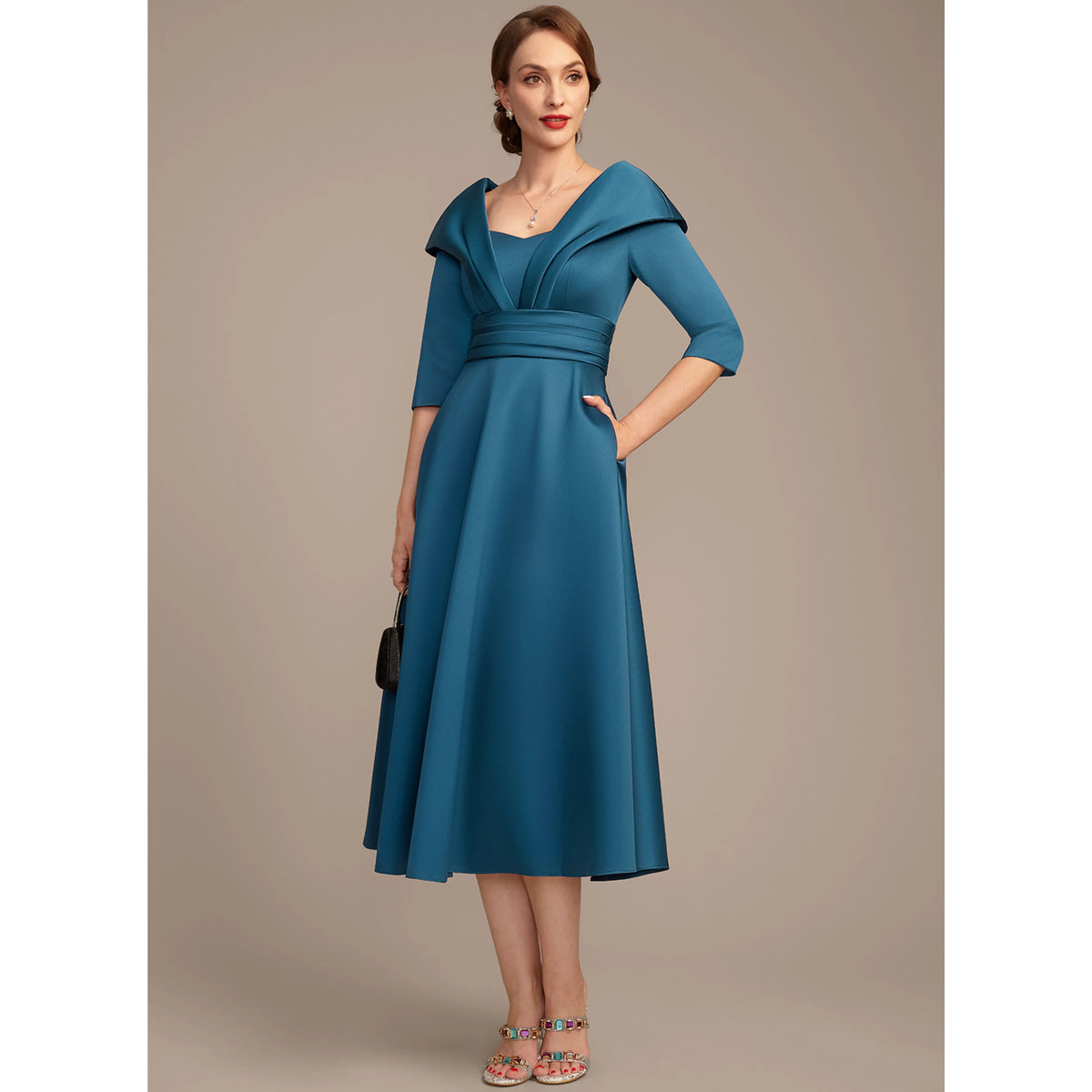 Elegant A-Line Folded V-Neck 3/4 Sleeve Chic Teal Midi Mother of the Bride Dress