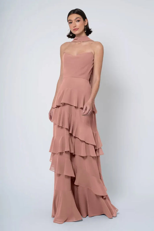 Elegant A-Line Halter-Neck Sleeveless Ruffled Dusty Rose Floor-Length Bridesmaid Dress Women's