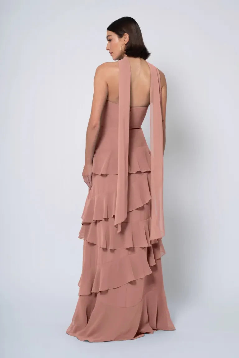 Elegant A-Line Halter-Neck Sleeveless Ruffled Dusty Rose Floor-Length Bridesmaid Dress Women's