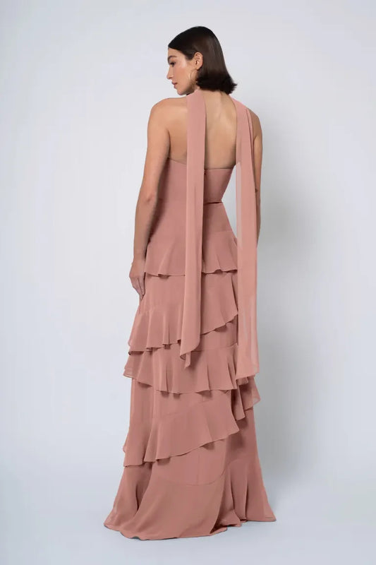Elegant A-Line Halter-Neck Sleeveless Ruffled Dusty Rose Floor-Length Bridesmaid Dress Women's