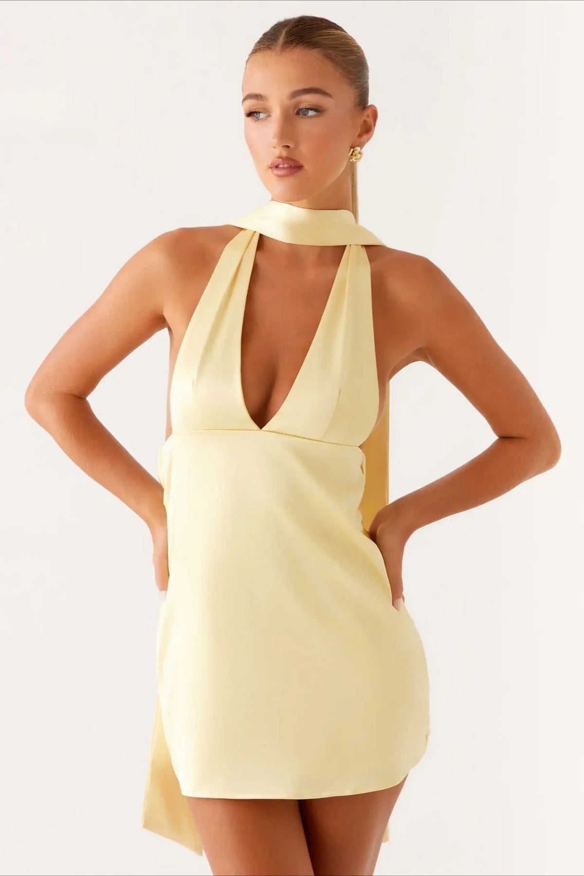 Elegant A-Line Halter Backless Drape Pale Yellow Mini Homecoming Dress