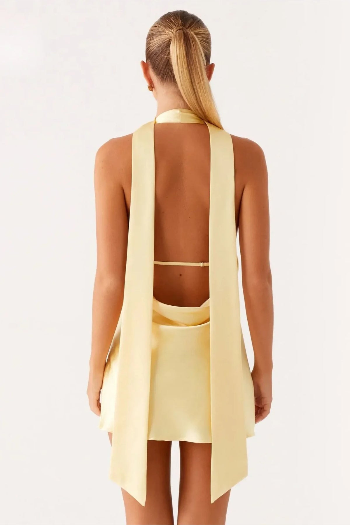 Elegant A-Line Halter Backless Drape Pale Yellow Mini Homecoming Dress