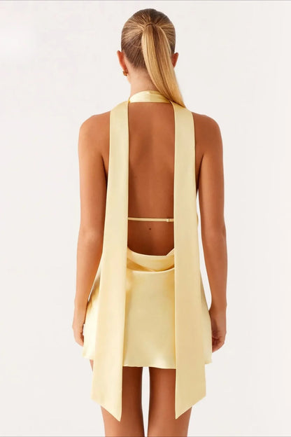 Elegant A-Line Halter Backless Drape Pale Yellow Mini Homecoming Dress