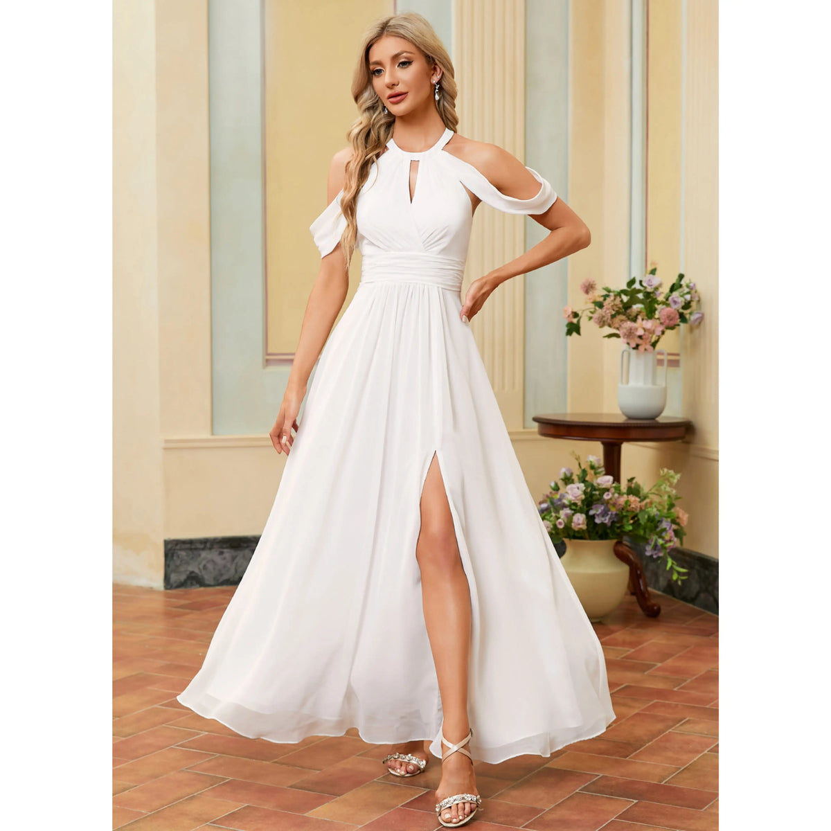 Elegant A-Line Halter Cold Shoulder Slit White Floor-Length Wedding Dress Women