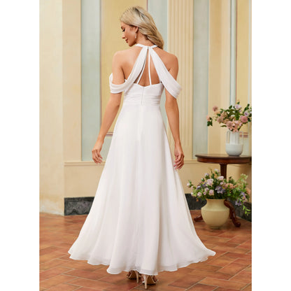 Elegant A-Line Halter Cold Shoulder Slit White Floor-Length Wedding Dress Women