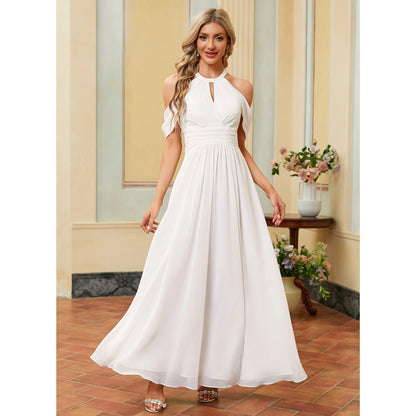 Elegant A-Line Halter Cold Shoulder Slit White Floor-Length Wedding Dress Women