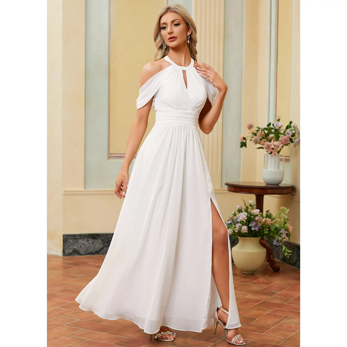 Elegant A-Line Halter Cold Shoulder Slit White Floor-Length Wedding Dress Women