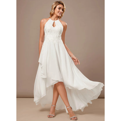 Elegant A-Line Halter Keyhole Sleeveless Embroidered Flowy White Asymmetrical Wedding Dresses