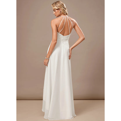 Elegant A-Line Halter Keyhole Sleeveless Embroidered Flowy White Asymmetrical Wedding Dresses