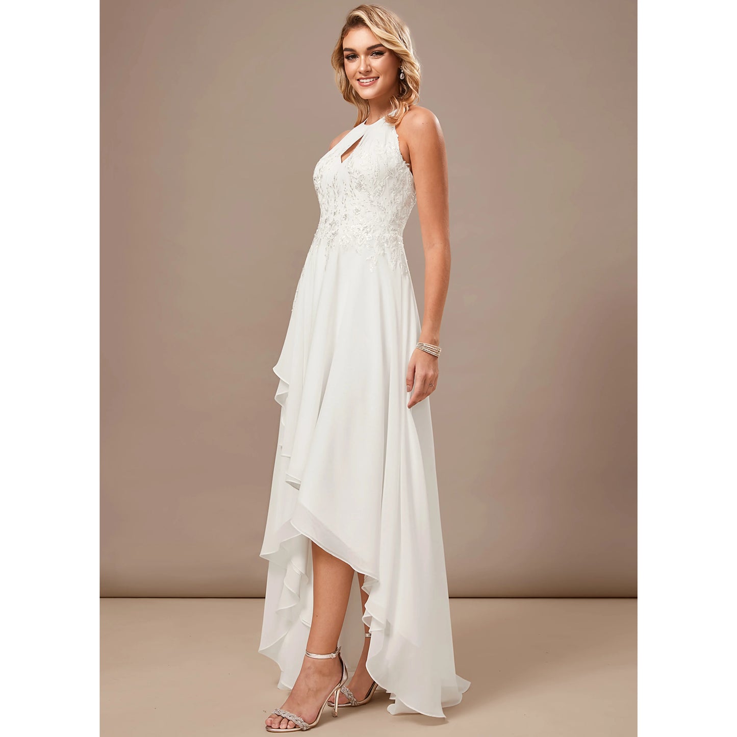 Elegant A-Line Halter Keyhole Sleeveless Embroidered Flowy White Asymmetrical Wedding Dresses