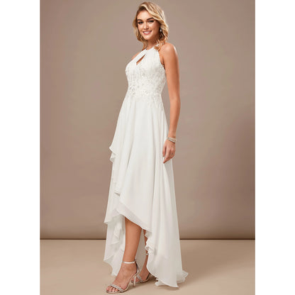 Elegant A-Line Halter Keyhole Sleeveless Embroidered Flowy White Asymmetrical Wedding Dresses