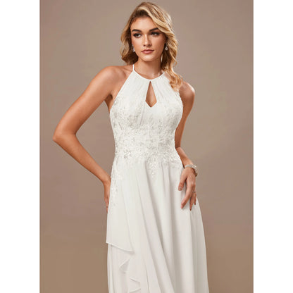Elegant A-Line Halter Keyhole Sleeveless Embroidered Flowy White Asymmetrical Wedding Dresses