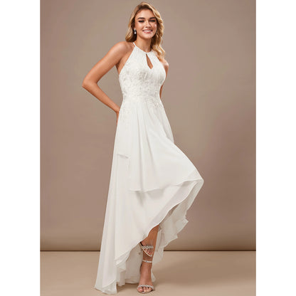 Elegant A-Line Halter Keyhole Sleeveless Embroidered Flowy White Asymmetrical Wedding Dresses