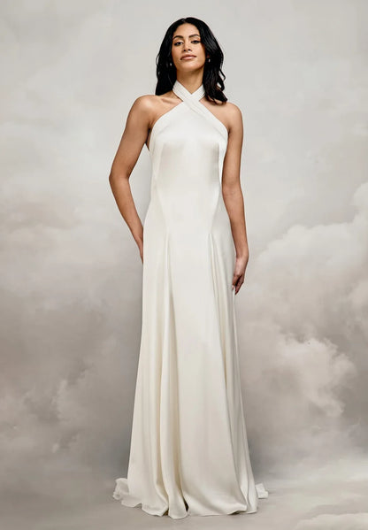 Elegant A-Line Halter Neck Sleeveless Criss-Cross Ivory Floor-Length Wedding Gown
