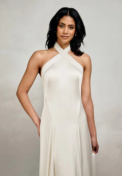 Elegant A-Line Halter Neck Sleeveless Criss-Cross Ivory Floor-Length Wedding Gown