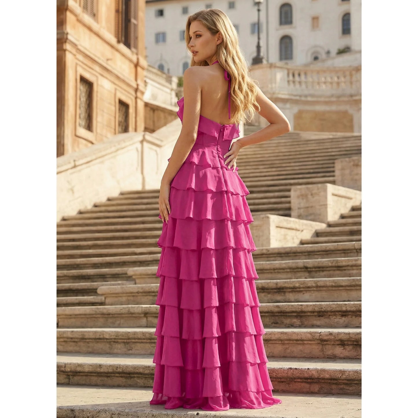 Elegant A-Line Halter Neck Sleeveless Ruffled Fuchsia Floor-Length Prom Dress Gown