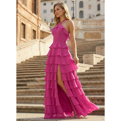 Elegant A-Line Halter Neck Sleeveless Ruffled Fuchsia Floor-Length Prom Dress Gown