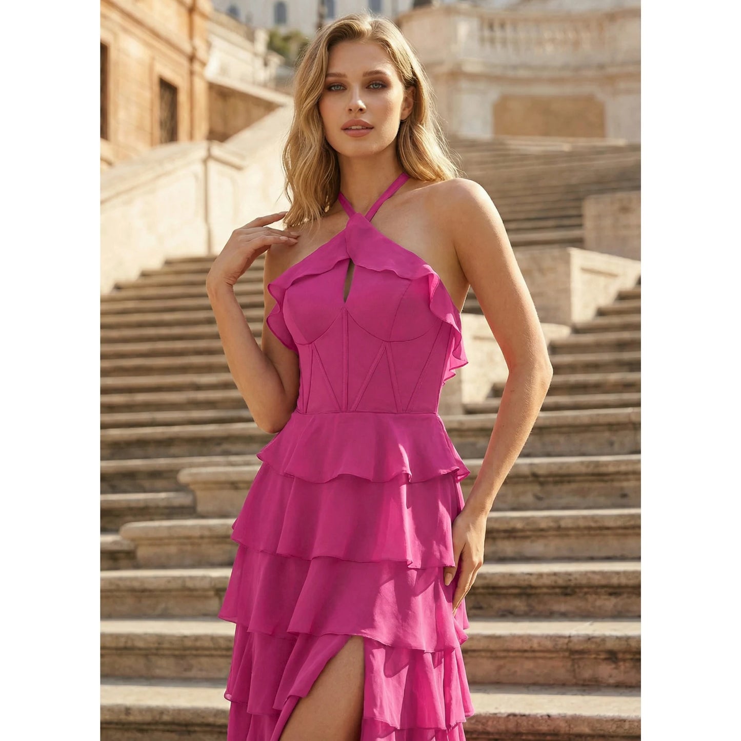 Elegant A-Line Halter Neck Sleeveless Ruffled Fuchsia Floor-Length Prom Dress Gown