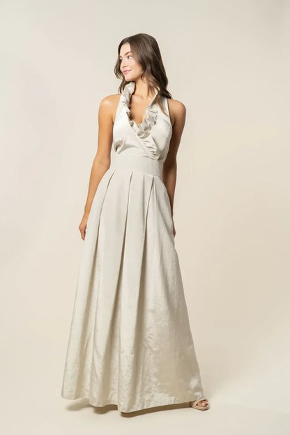 Elegant A-Line Halter Ruffled Sleeveless Chic Champagne Floor-Length Bridesmaid Dress Women's Gown