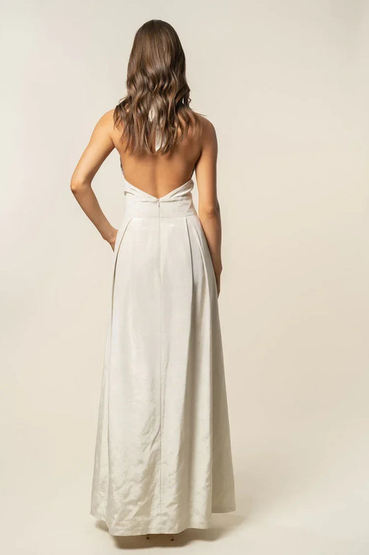 Elegant A-Line Halter Ruffled Sleeveless Chic Champagne Floor-Length Bridesmaid Dress Women's Gown