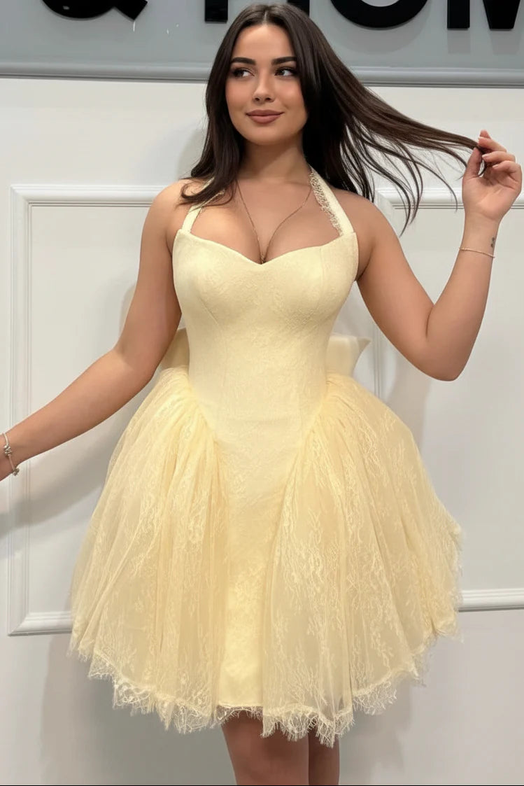 Elegant A-Line Halter Ruffled Tulle Lace Light Yellow Short Homecoming Dress