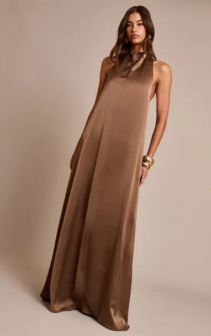 Elegant A-Line Halter Sleeveless Backless Chic Brown Maxi Evening Dresses Women