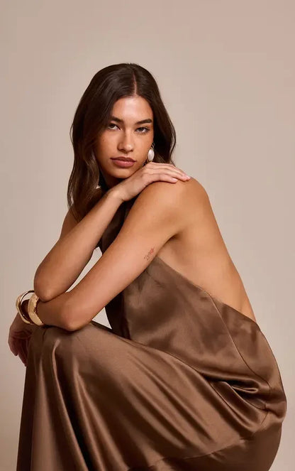 Elegant A-Line Halter Sleeveless Backless Chic Brown Maxi Evening Dresses Women